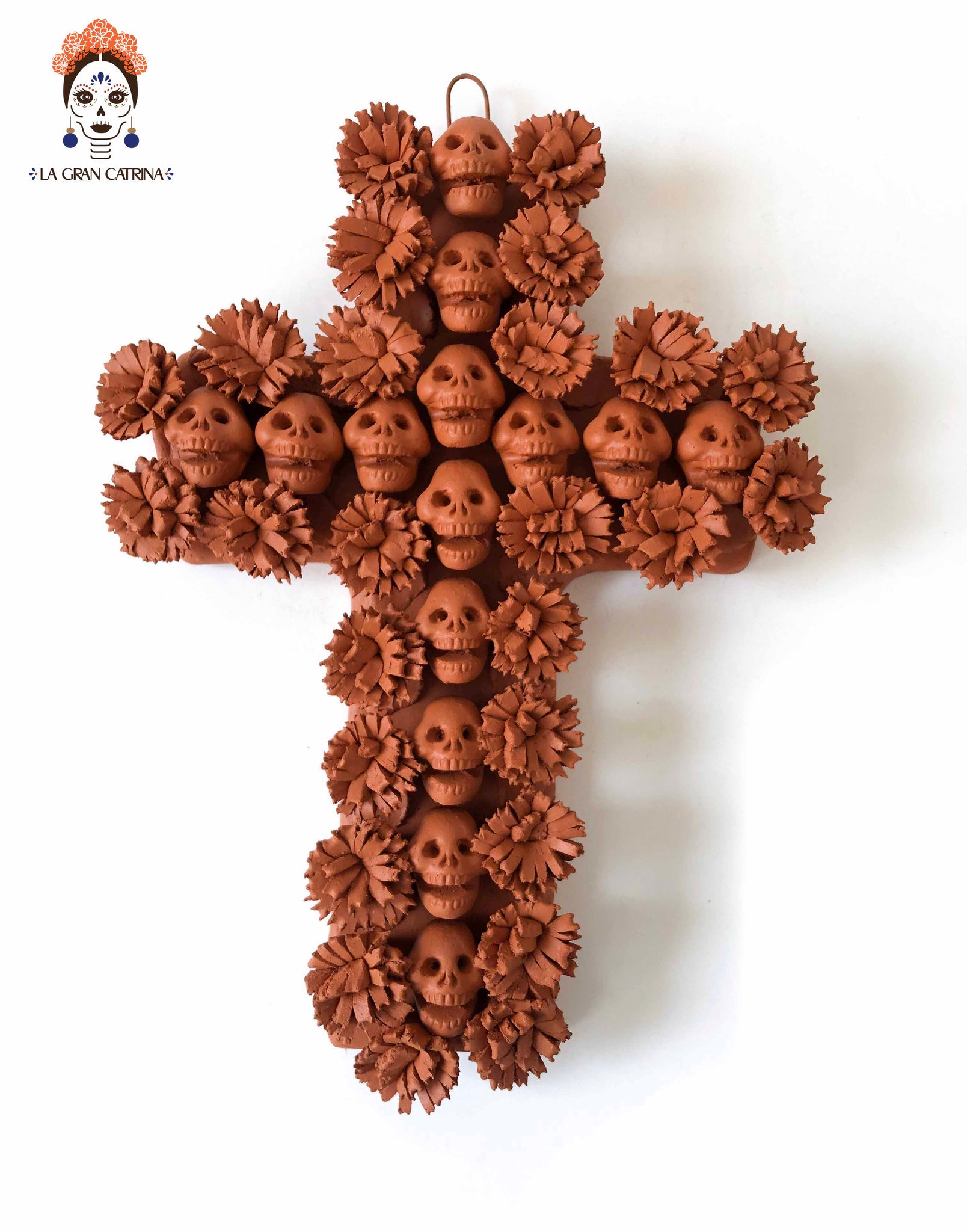 Cruz de Día de Muertos calaveras y cempasuchil 24 cm. 10 in.